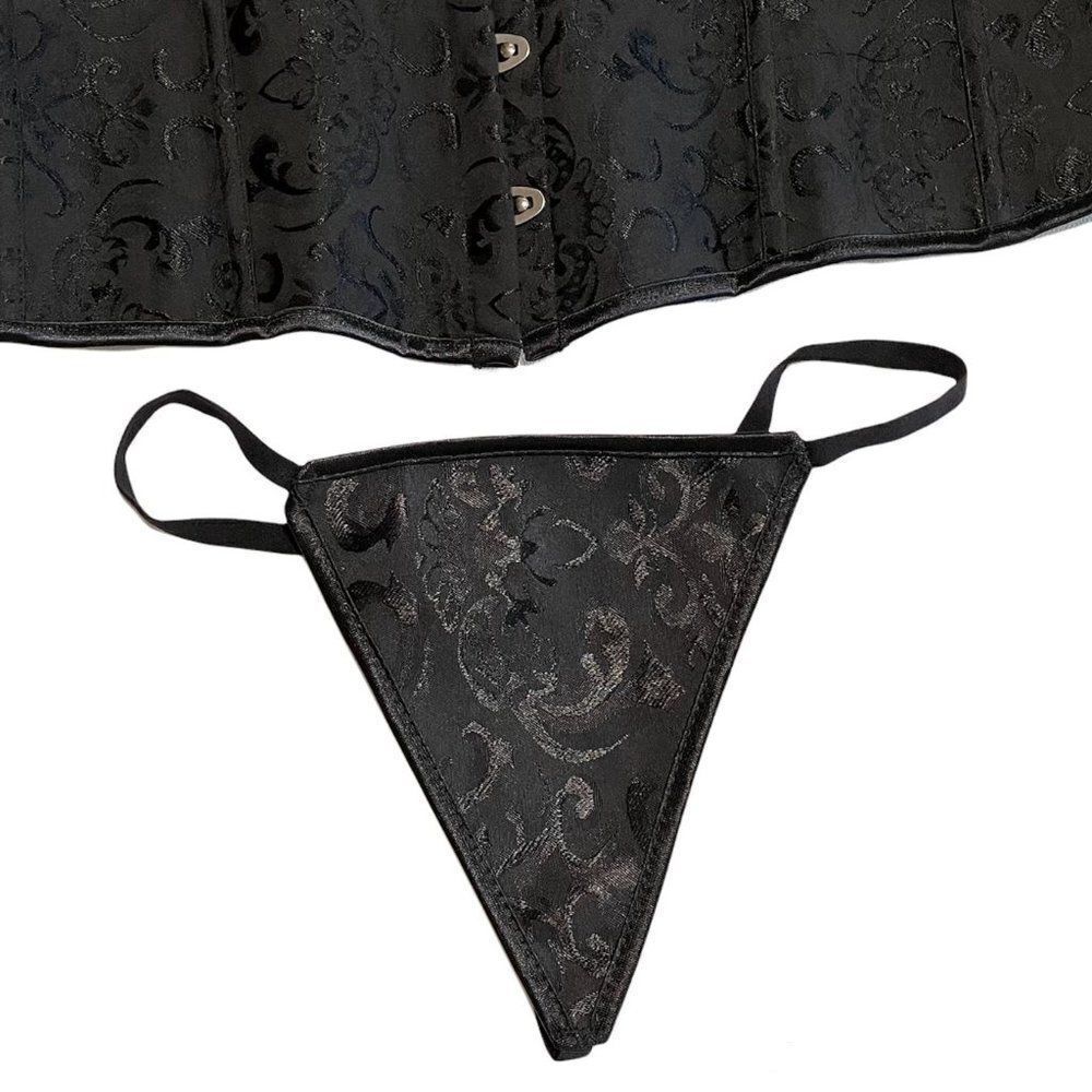 BLACK Jacquard Underbust Corset & Thong Large/5XL - Picture 4 of 8